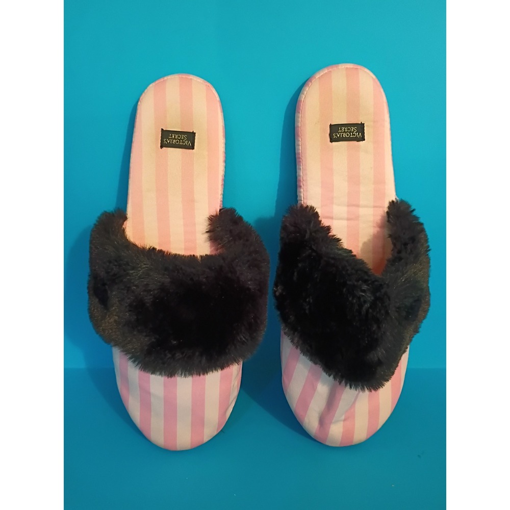 Victorias Secret Pink Stripe Faux Fur Slippers Medium Black Pink Slides Shoe